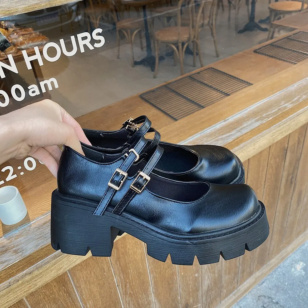 2021 Leather Sweet Women Platform Mary Jane Shoes Solid Color Casual Females Pumps Wedges Buckle Chunky Shoes for Ladies
