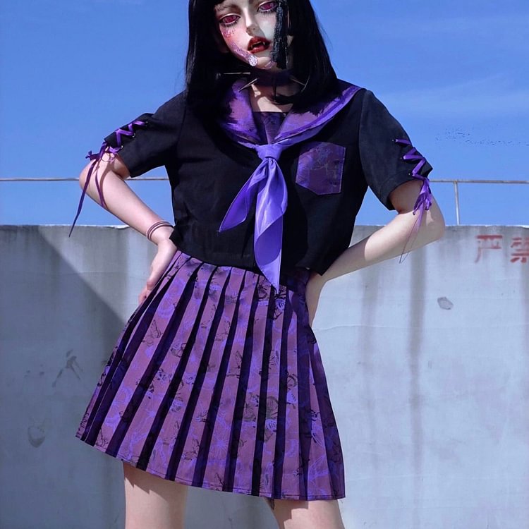 Purple Butterfly Short Sleeve Sailor Collar Crop Top + Pleated Skirt Set EG0592