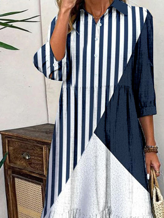 Women Half Sleeve Shirt Collar Striped Printed Graphic Button Maxi Dress