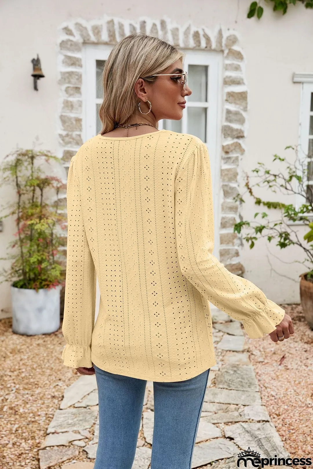 Eyelet Lace Trim Flounce Sleeve Blouse