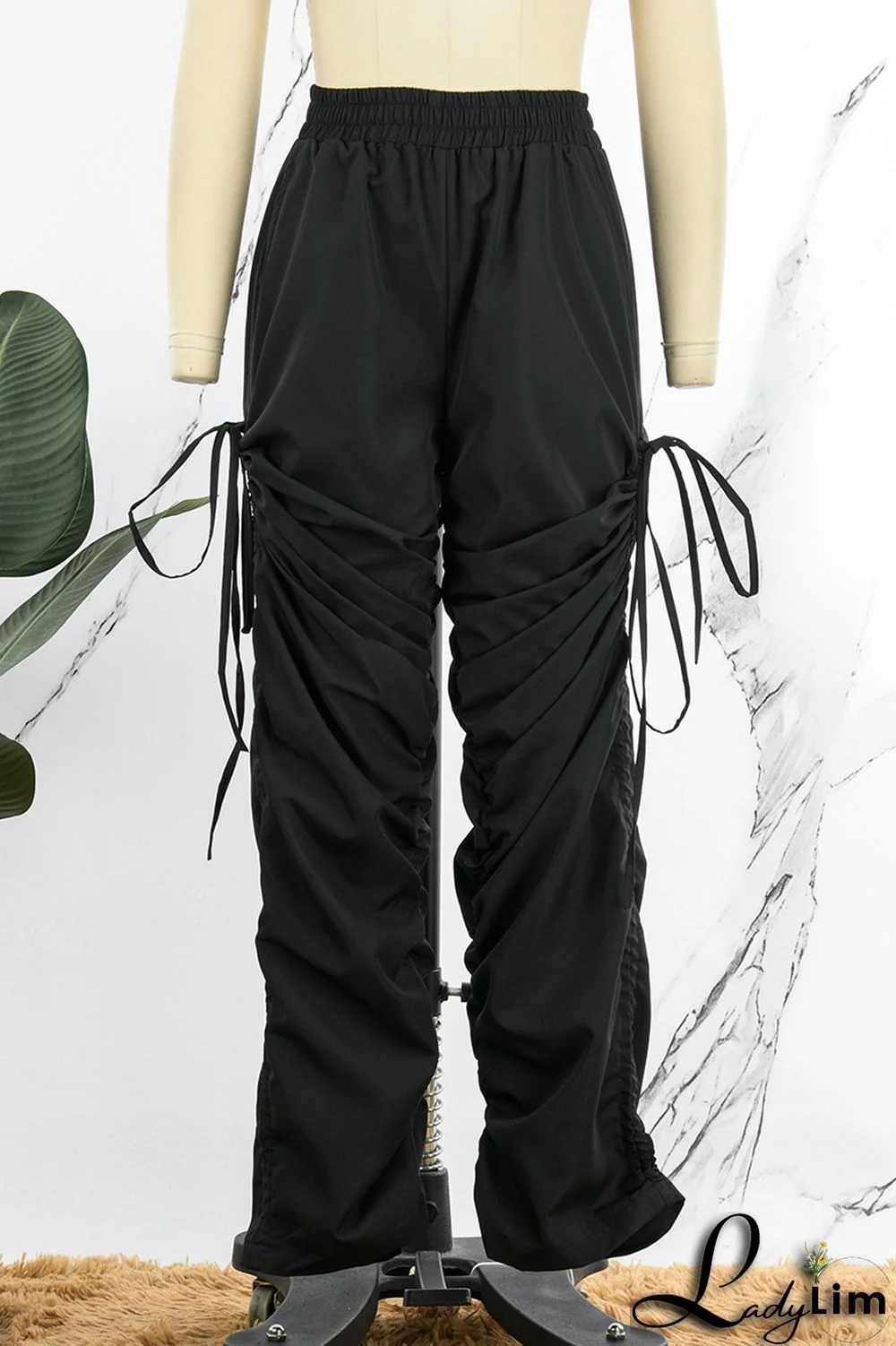 Green Casual Solid Patchwork Draw String Fold High Waist Pencil Solid Color Bottoms