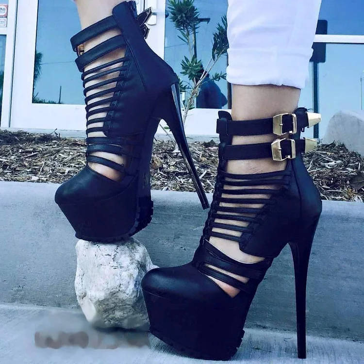Black Summer Platform Boots Stiletto Heel Sexy Shoes with Buckles |FSJ Shoes