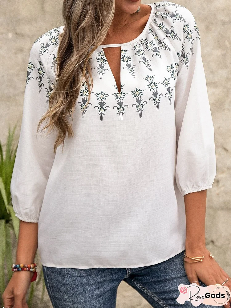 V Neck Cutout Tribal Pattern Tops