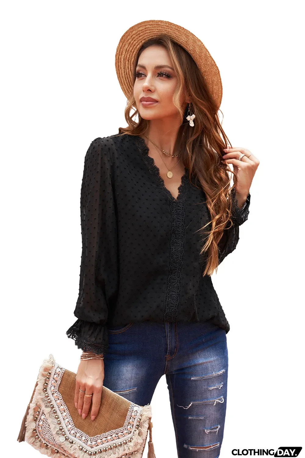 Elegant V-Neck Swiss Dot Lace Blouse