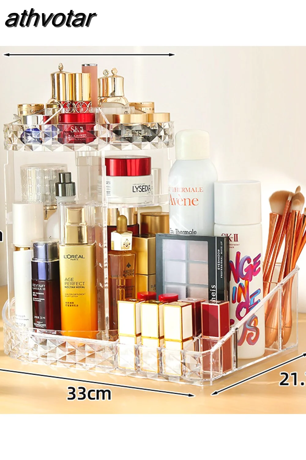 athvotar Degree Rotating Cosmetic Storage Box Make-up Organizer Lipstick Holder Transparent Crystal Display Stand Large Capacity