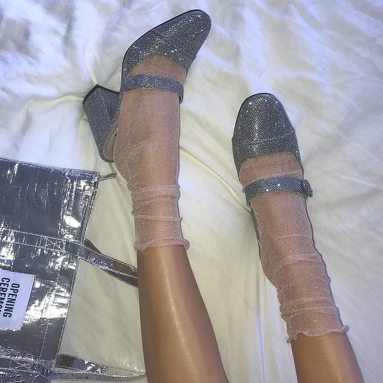 Grey Glitter Mule Heels Square Toe Block Heels |FSJ Shoes