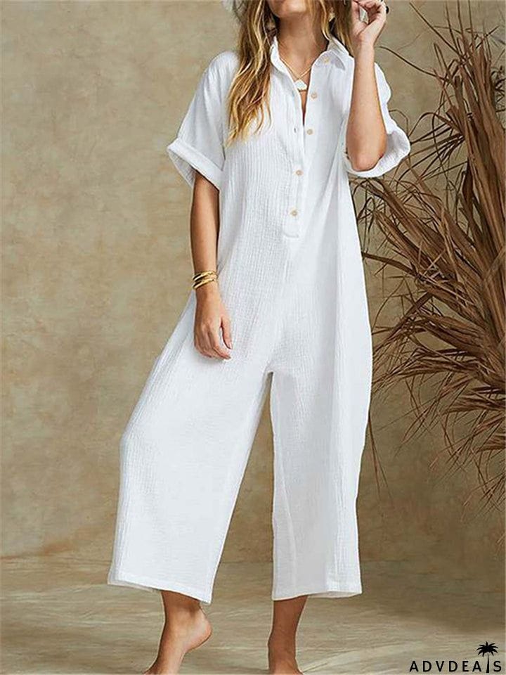 Straight Silhouette Spread Collar Soft Cotton Front Button Cropped Jumpsuit