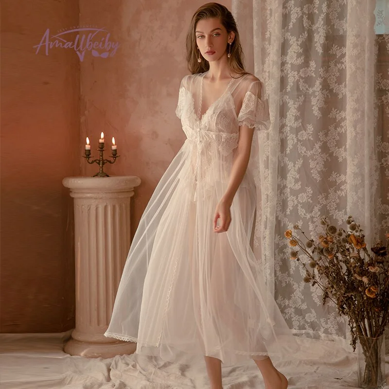 New Lace Mesh Pajamas Nightgown Long Bride Robe Wedding Pijama White Bathrobe Female Sexy Sleepwear Women Mesh Homewear