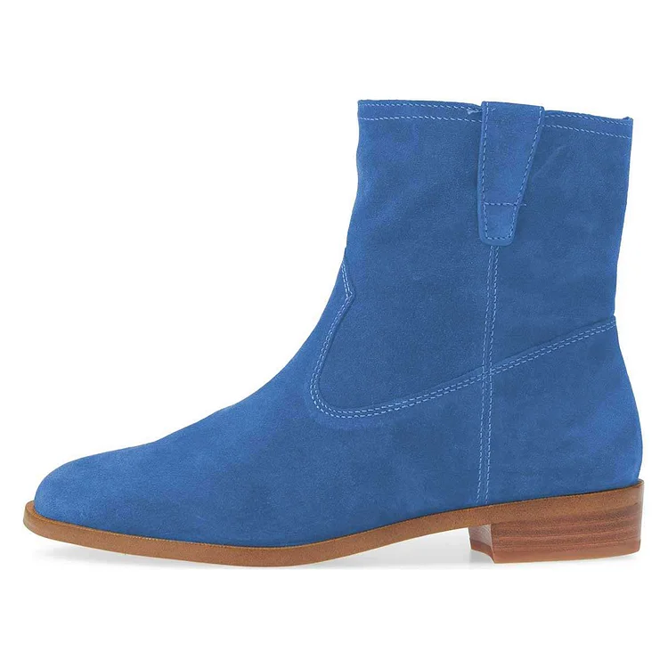 Blue Suede Flat Ankle Boots |FSJ Shoes