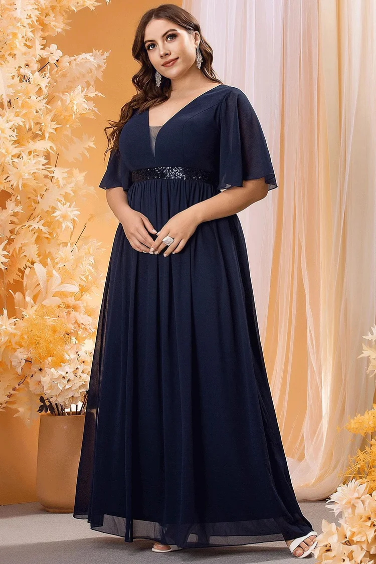 Plus Size Semi Formal Navy Blue Chiffon Fold Sequin Decor Empire Waist Tunic Maxi Dress  Flycurvy [product_label]