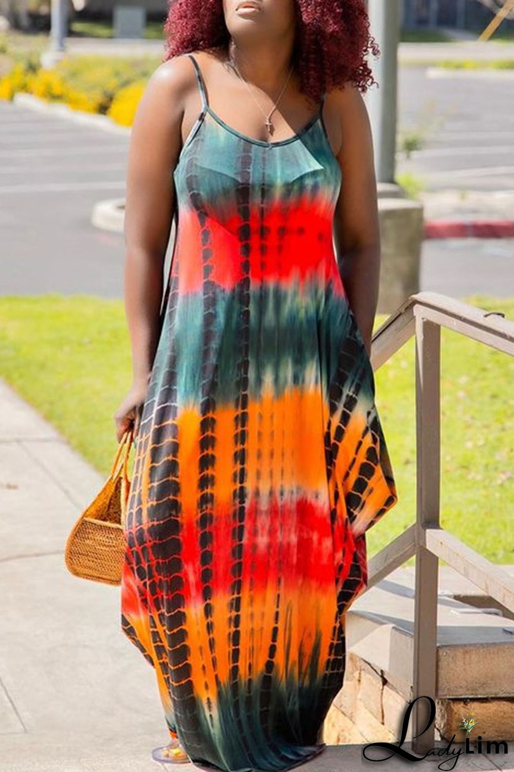 Ink Green Casual Print Patchwork Spaghetti Strap Sling Dress Plus Size Dresses