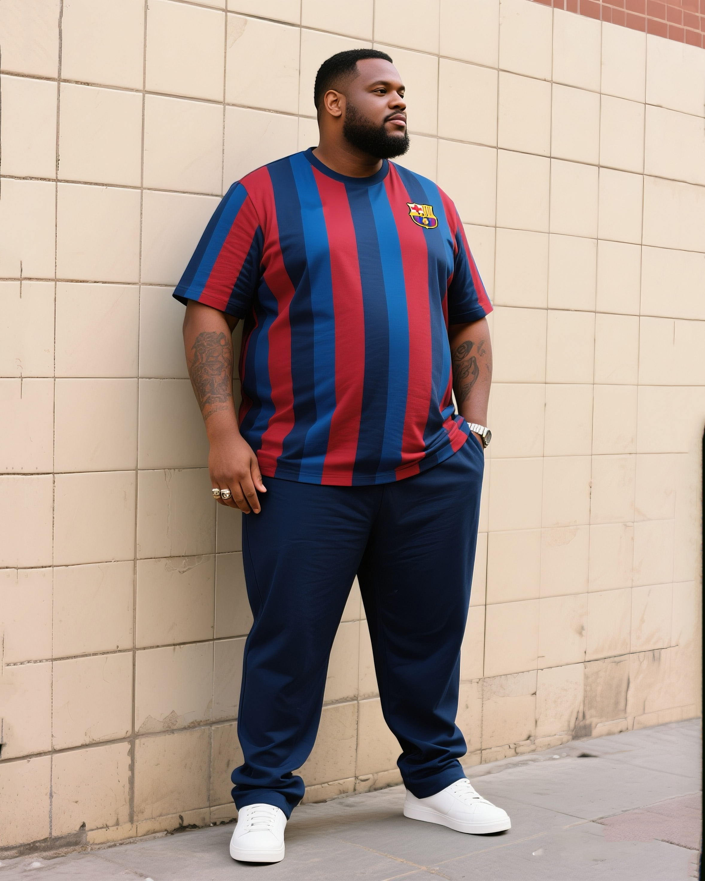 Big Boy Daily Casual Prussian Blue Fans Crewneck Short Sleeve T-shirt Trousers Suit