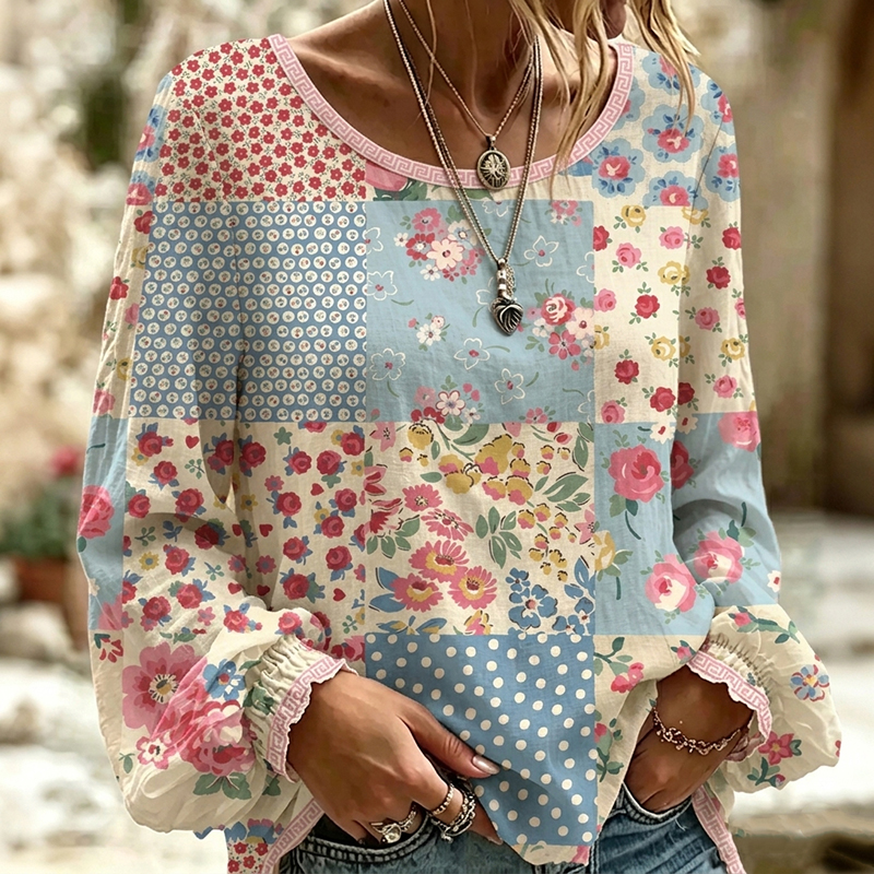 Comstylish Women's Retro Bohemian Floral Pattern Casual T-shirt