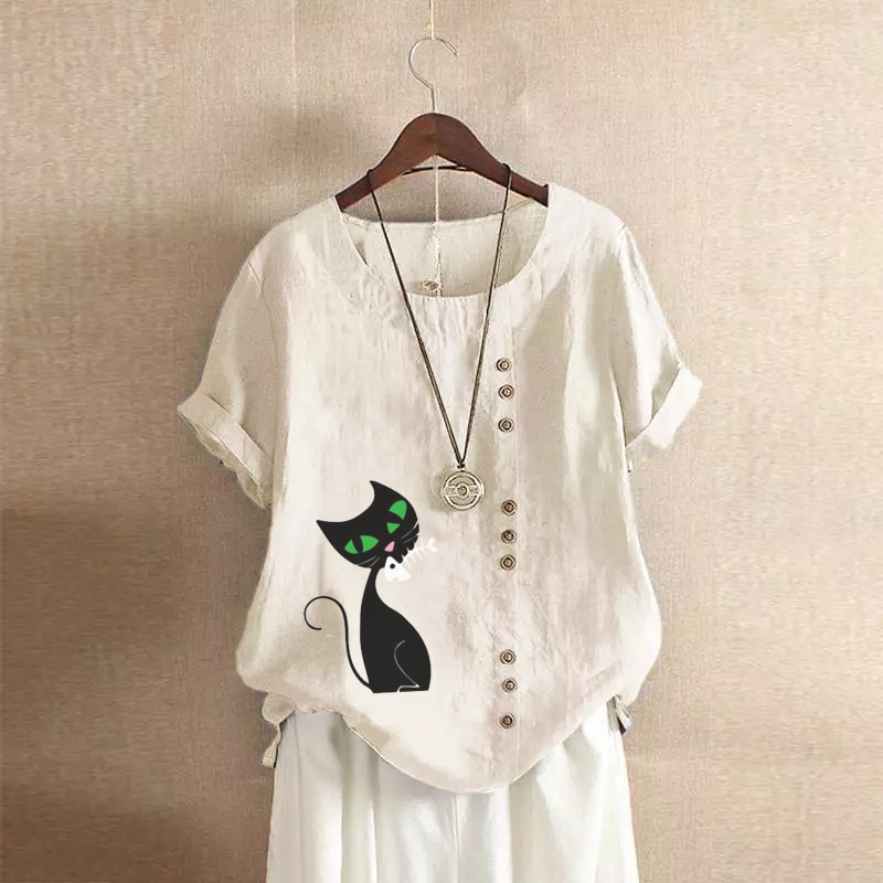 Groksage Woman Blouse 2025 Summer Retro Casual Loose Fitting Cotton And Linen Short Sleeved Pullover Shirt Ladies Botton Cat Print Tops