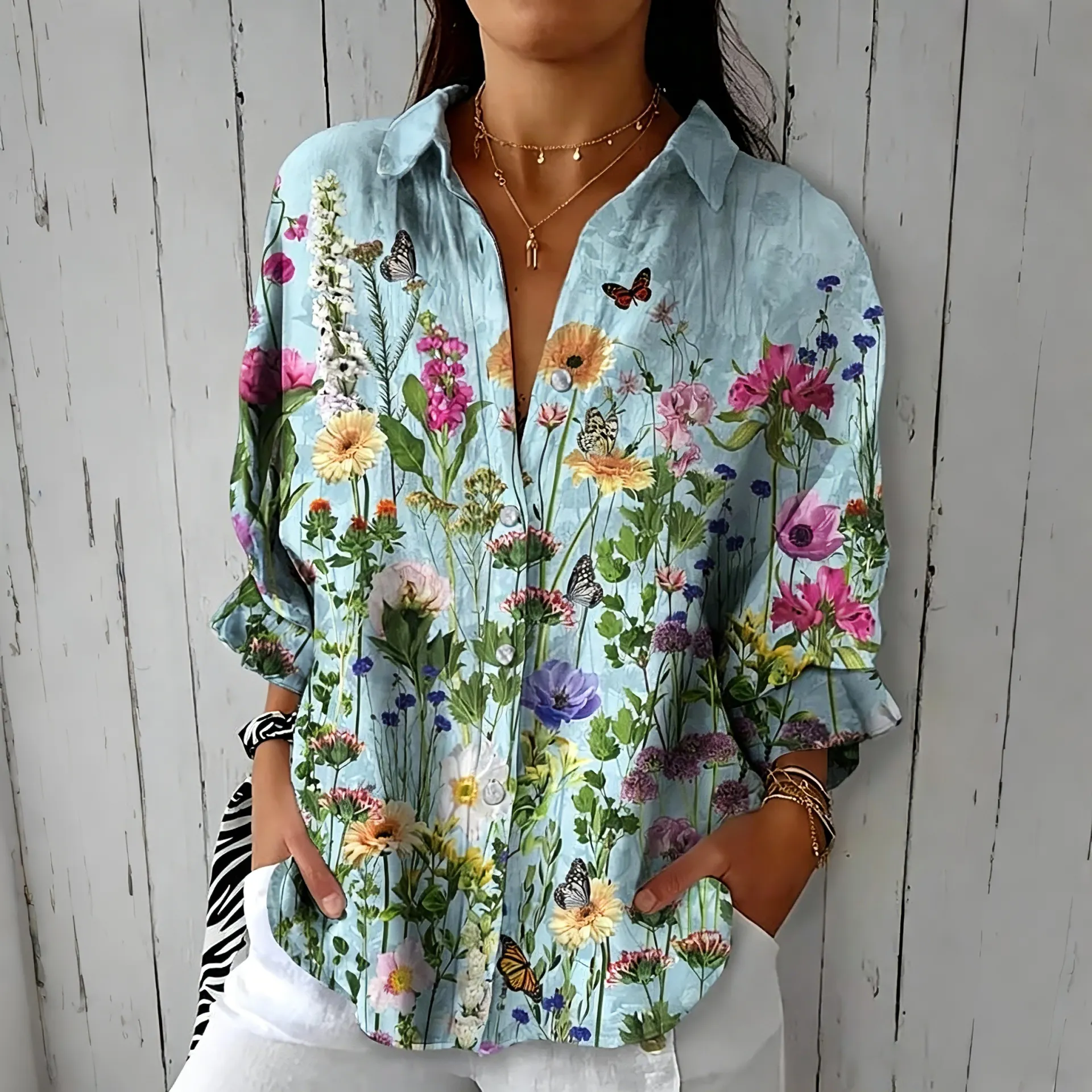 Women's Vintage Butterfly Floral Art Print Casual Linen V-neck Shirt elevenforest