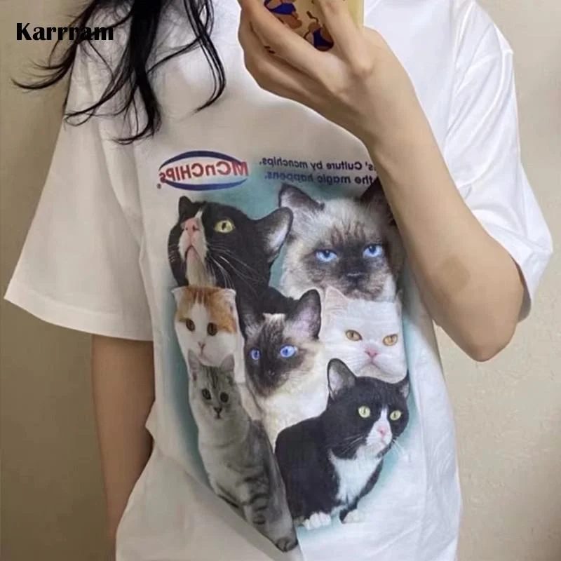 Toloer Korean Fashion Cat Print T-shirts Kawaii Kitten Y2k Aesthetics Tops Japanese Cute Short Sleeve Loose T-shirts Streetwear