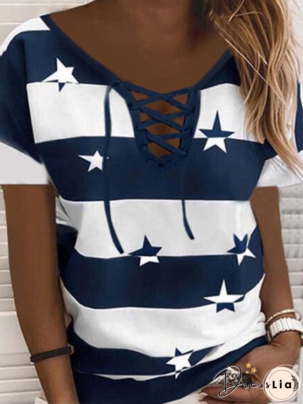 Vintage Colorblock Star Striped Printed Short Sleeve V Neck Lace-up Plus Size Casual Tops