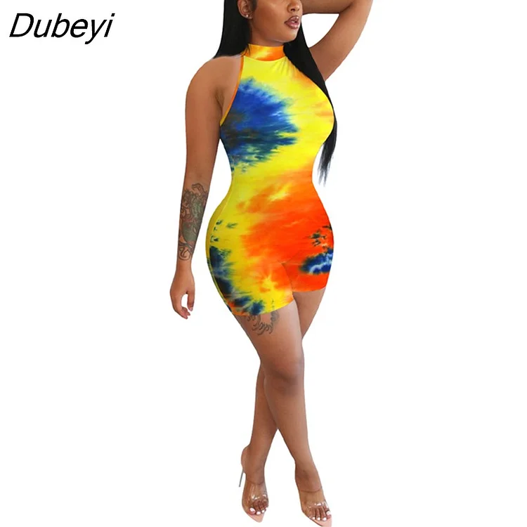 Dubeyi Women Tie Dye Print Sleeveless Bodycon Playsuit Sexy Club Party Streetwear Sport Romper Bodysuit One Piece Overalls