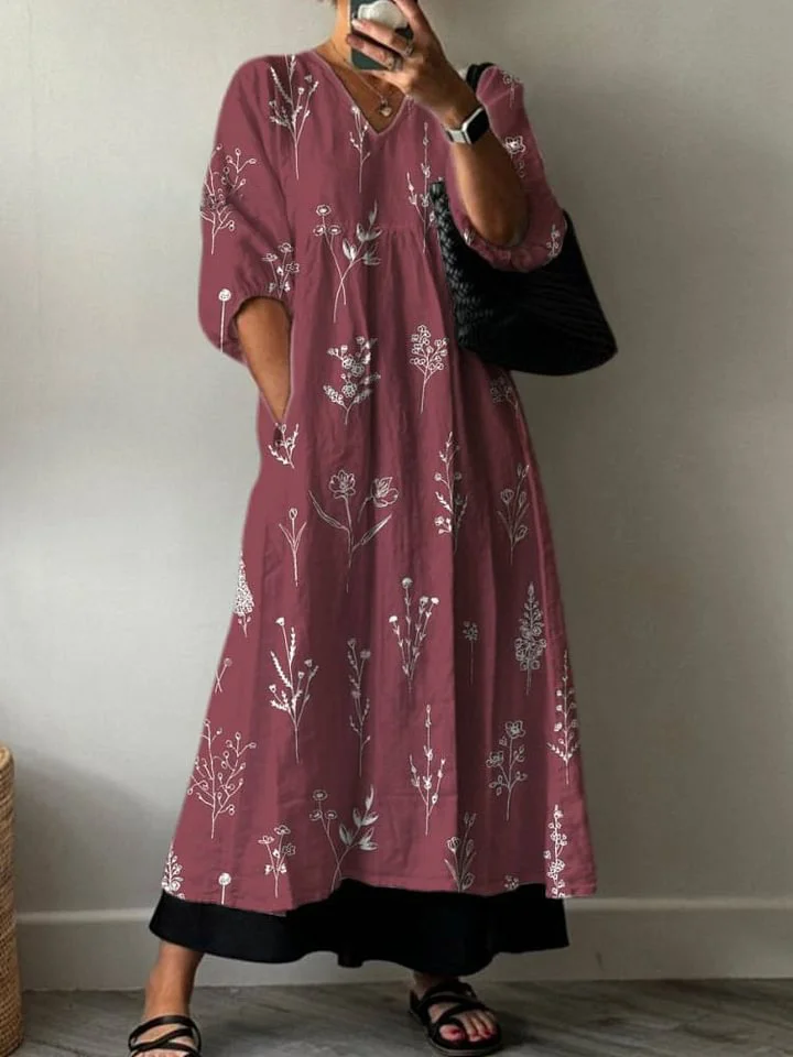 Simple Garden Floral Pattern Printed Women's Pocket V-Neck Cotton Dress
