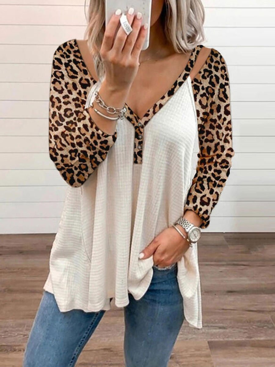 Women Leopard Printed V-neck Long Sleeve Casual Blouse