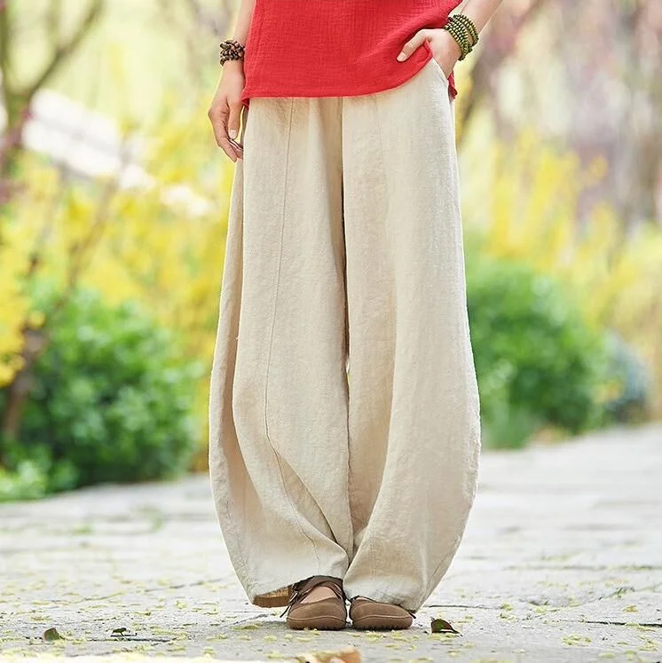 Back to school  Vintage Harajuku Cotton Linen Bloomers Wide Leg Pants Elegant Solid Loose Trouser Casual Streetwear Elasitic Waist Oversize Pant