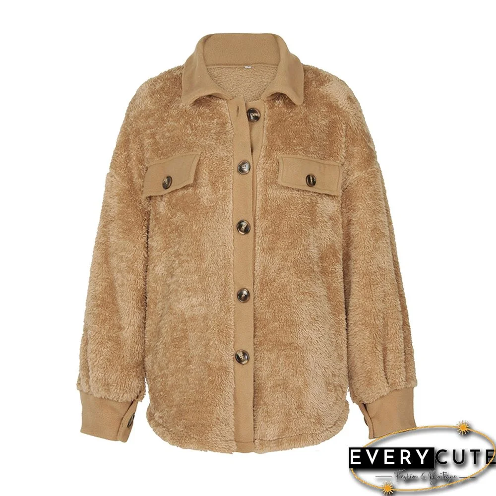 Khaki Double Side Fleece Button Warm Jacket