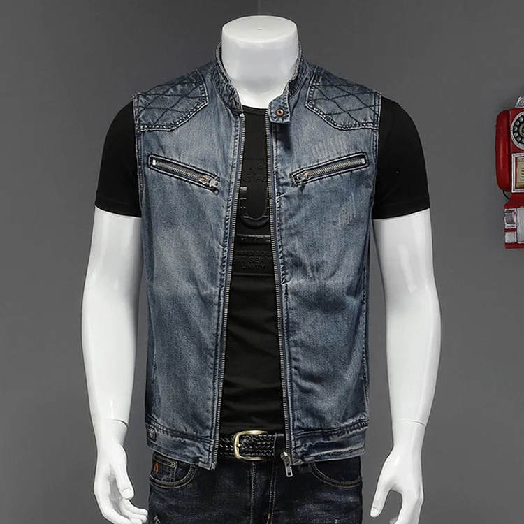 Casual Stand Collar Washed Denim Zipper Vest
