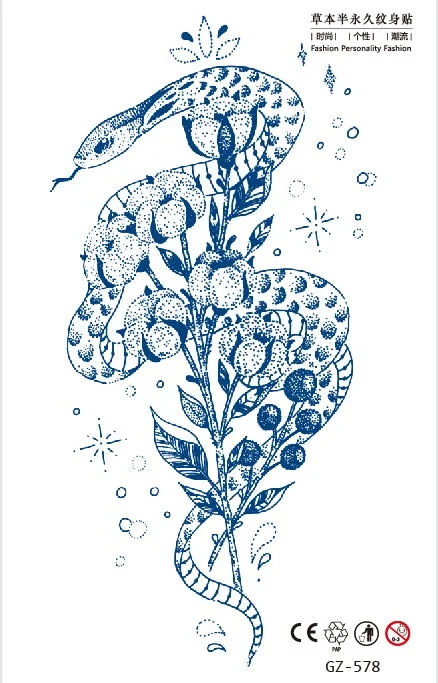 Temporary Waterproof Tattoo Stickers Seductive Snake Flower Ink Lasting Sexy Girls Arm Chest Waist Buttocks Realistic Fake Tatoo