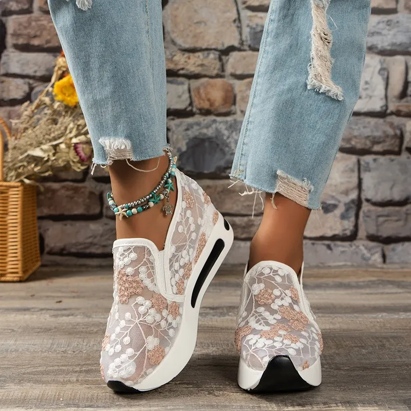 Churchf Churchf Size Loafers Women Spring / Summer 2023 New Mesh Flowers Breathable Inner High Wedge Shoes