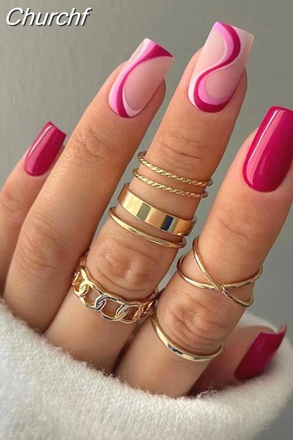 Churchf Wave Line Short Ballet French False Nails With Flower design Square Head Fake Nail Tips Simple Wearable Press On Nails-Nail Inspo