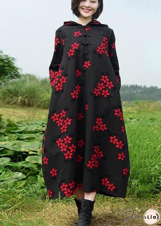 Women Black Embroidery Quilting Dresses Hooded Maxi Spring Dresses