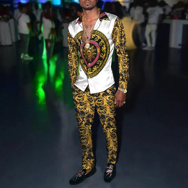 Men's casual white and gold printed silk long sleeve two-piece set