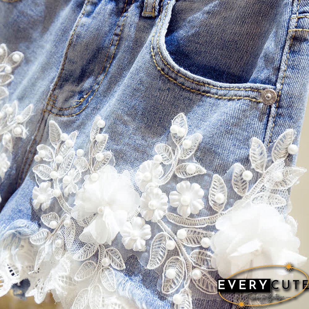 Blossom Embroidery Lace Denim Shorts