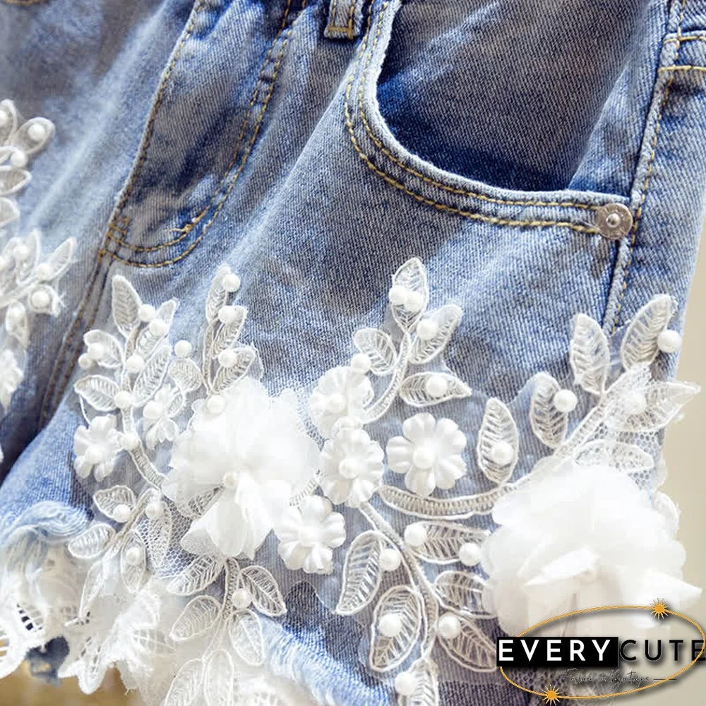 Blossom Embroidery Lace Denim Shorts