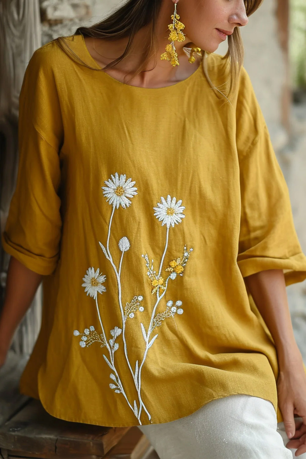 Flycurvy Plus Size Casual Yellow Linen Daisy Print 3/4 Sleeve Blouse