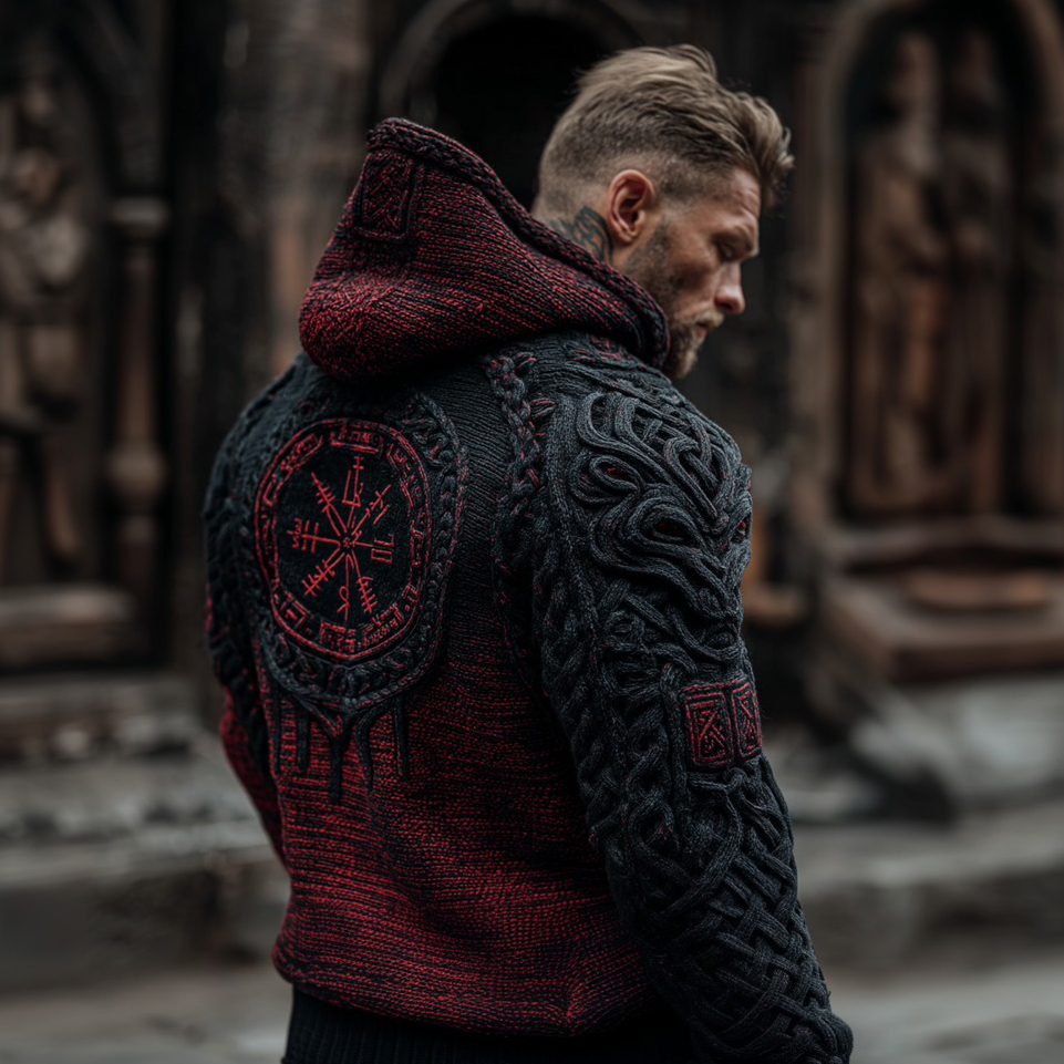 Men's Vegvisir Viking Celtic Runes Knit Gradient Jacquard Cozy Hooded Sweater  artssus