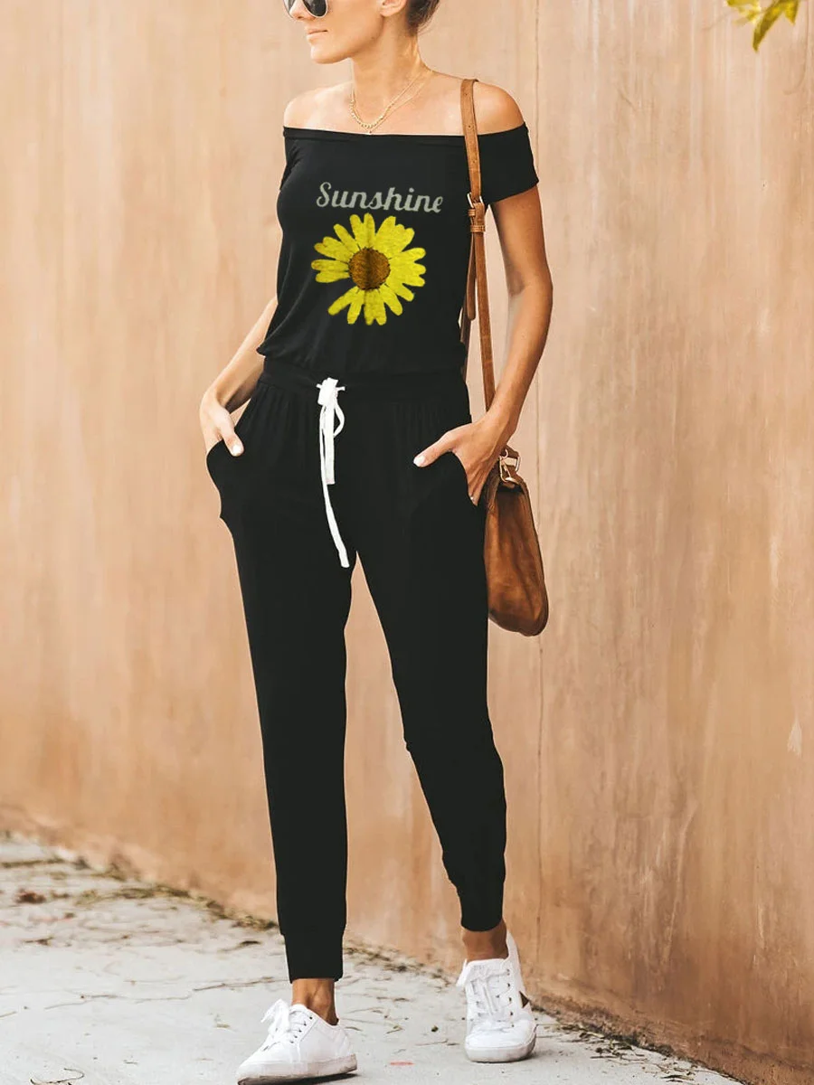 Sunshine Sunflower Off Shoulder Drawstring Waist Jumpsuit