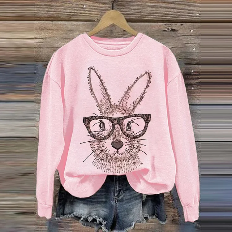 VChics Women's Casual Easter Glasses Funny Bunny Print Sweatshirt