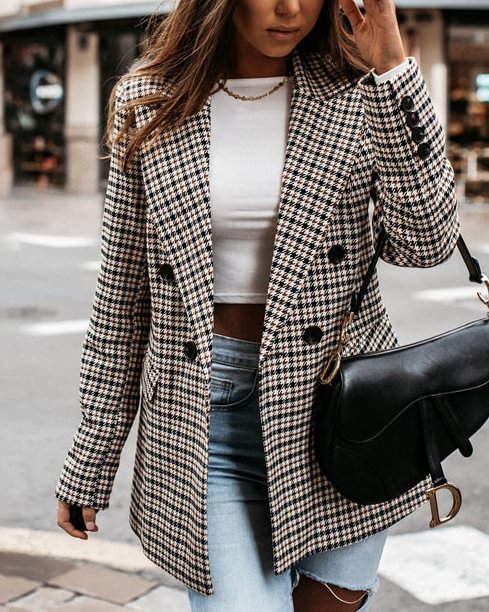 Printed Plaid Suit Collar Elegant Double-Reasted Commuter Jacket