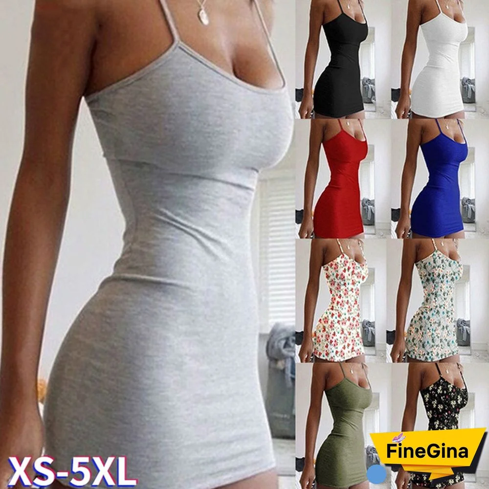 Solid Color Sleevless Spaghetti Strap Fitted Dress Summer Slim Short Dress Mini Dress Club Party Dress Women's Fashion(Plus size)