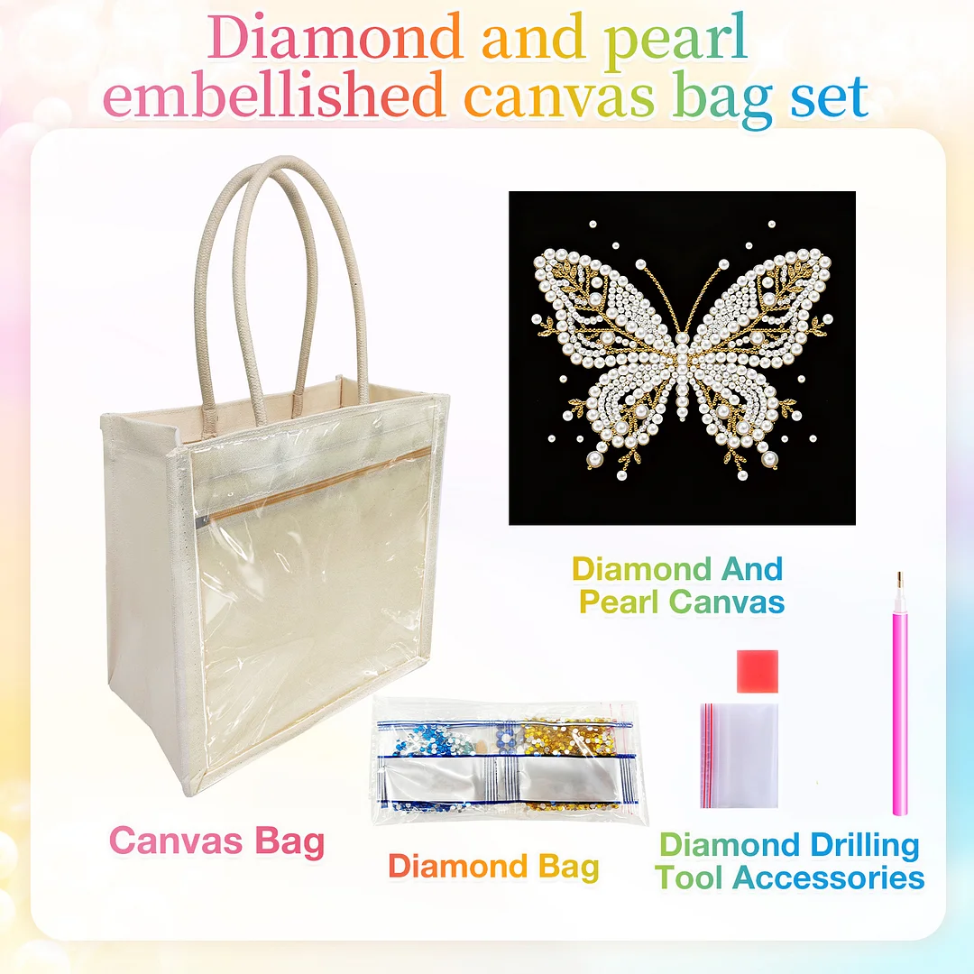 Pearl Butterfly DIY Diamond Painting Shopping Bag Crystal Painting Linen Tote Bags Waterproof Multi-Pocket Diamond Tote Handbag Large Capacity for Adults Beginners