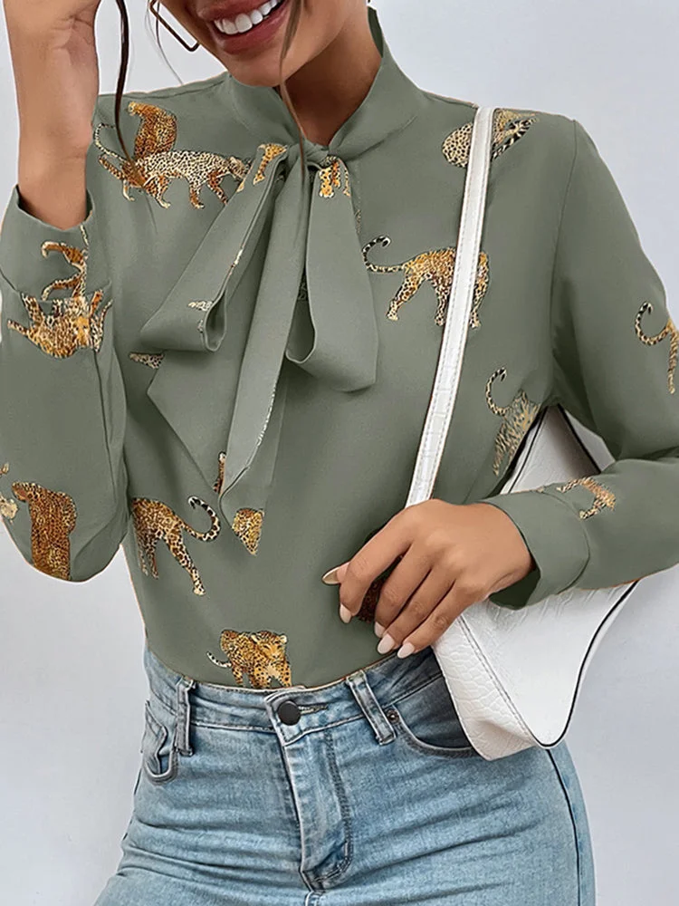 Leopard Print Tie Neck Long Sleeve Blouse For Women SKUI96248 QueenFunky