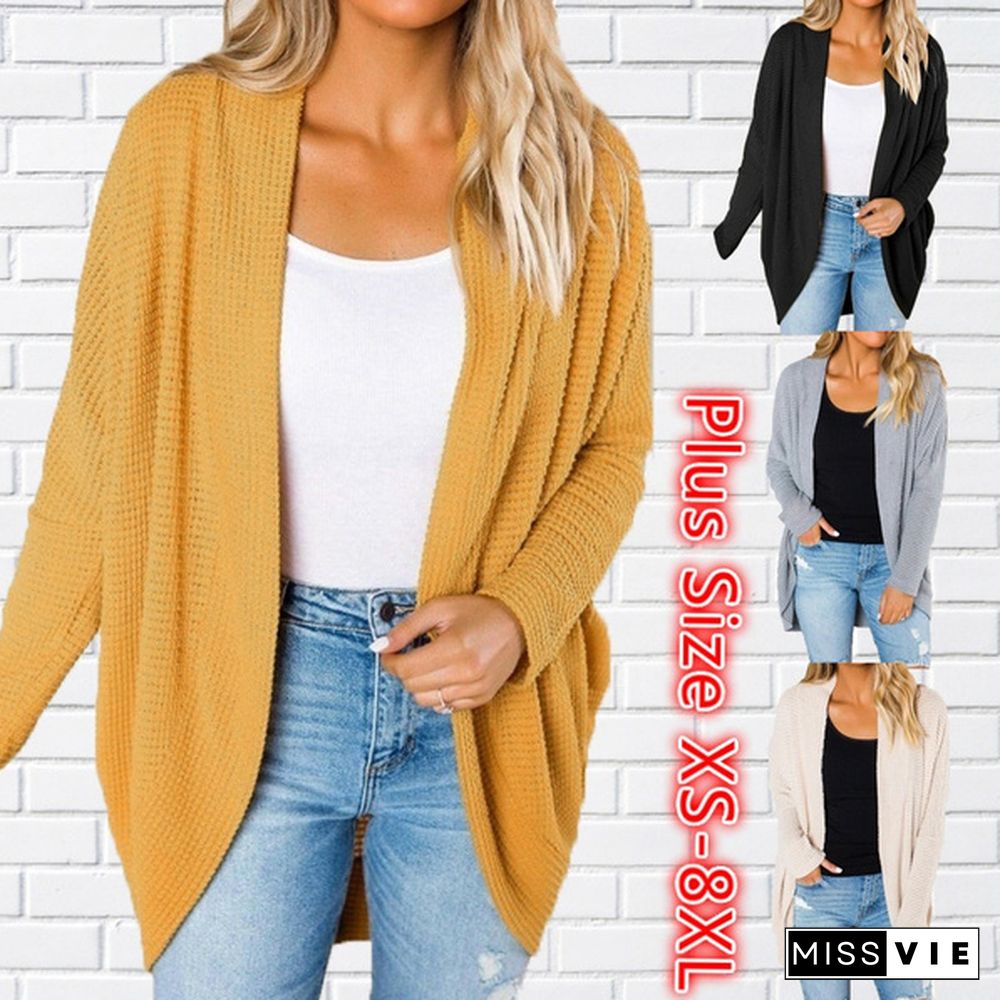 Women Loose Casual Long Sleeve Pure Color Plus Size V Neck Coat Autumn Cardigan Sweater Coat Plus Size XS-8XL