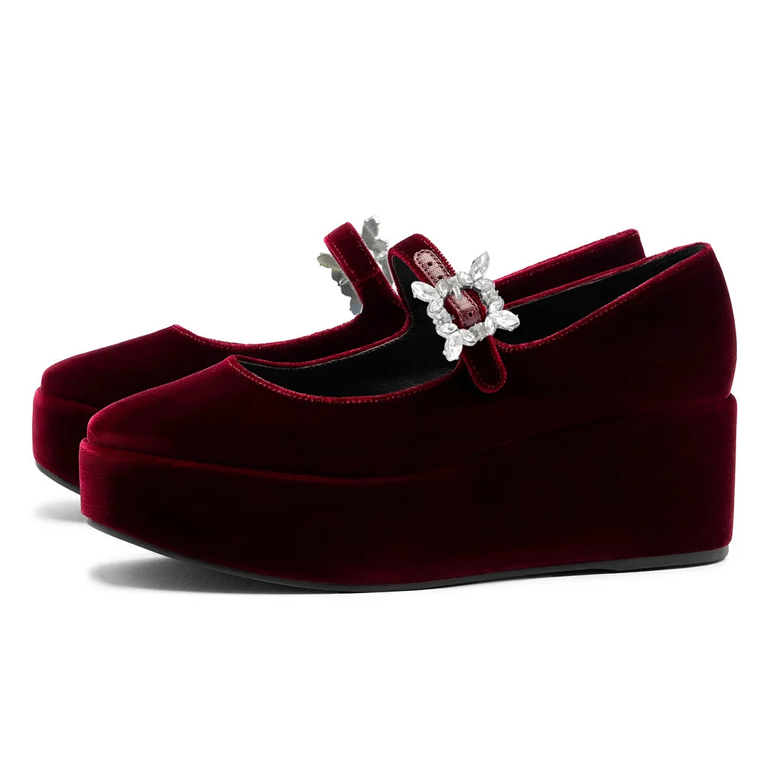 Maroon Velvet Rhinestone Buckle Strap Mary Jane Pumps with Wedge Heel