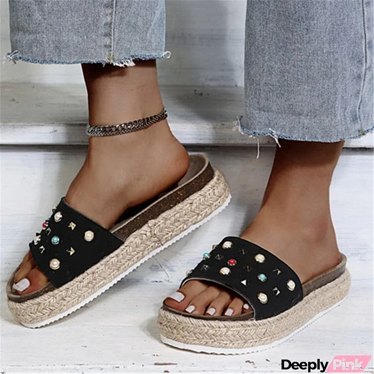 Braided Detailing Platform Sole Open Toe Rivet Embellished Flat Slippers