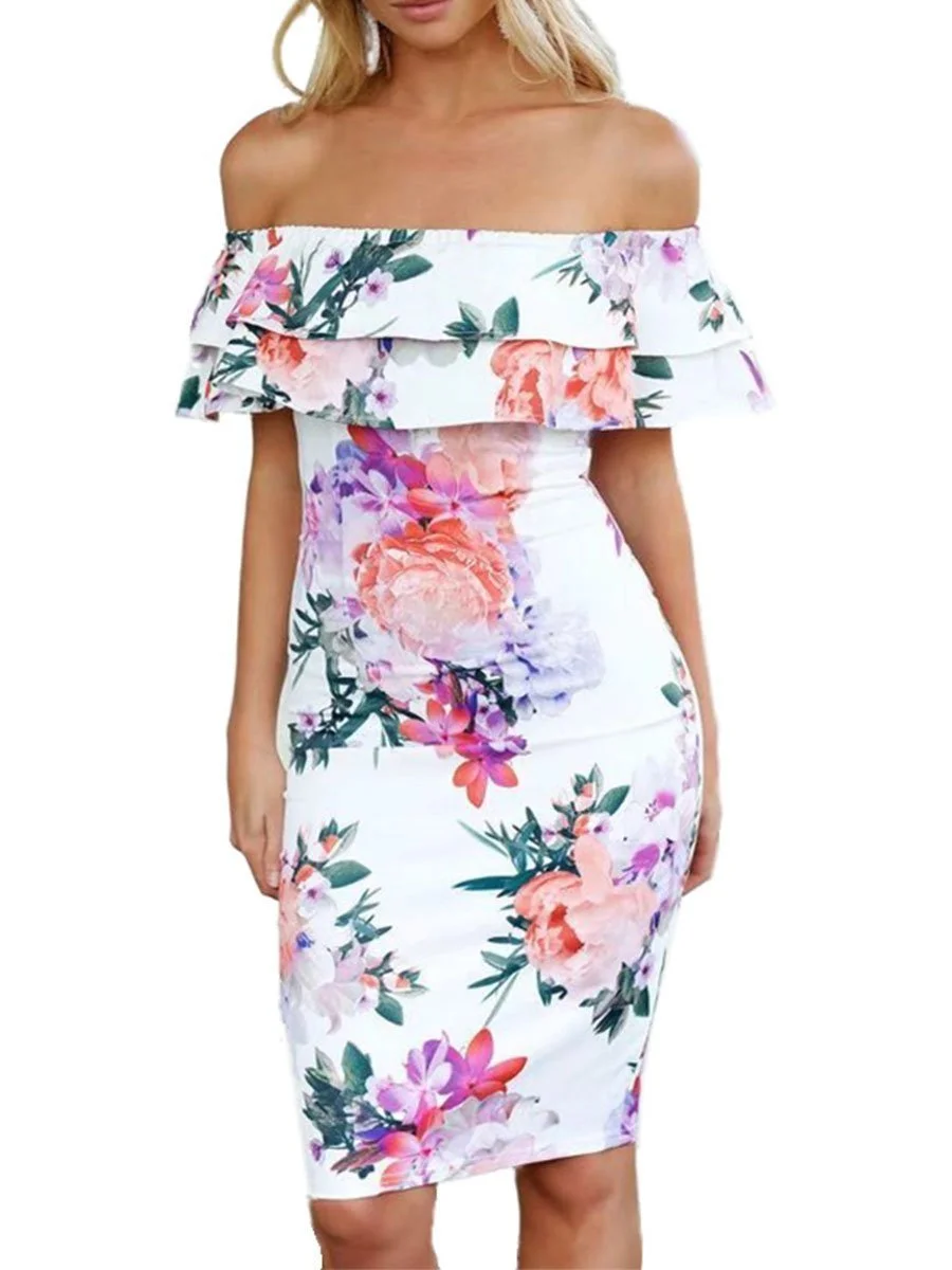 Off Shoulder Layered Flouncing Bodycon Floral Dress