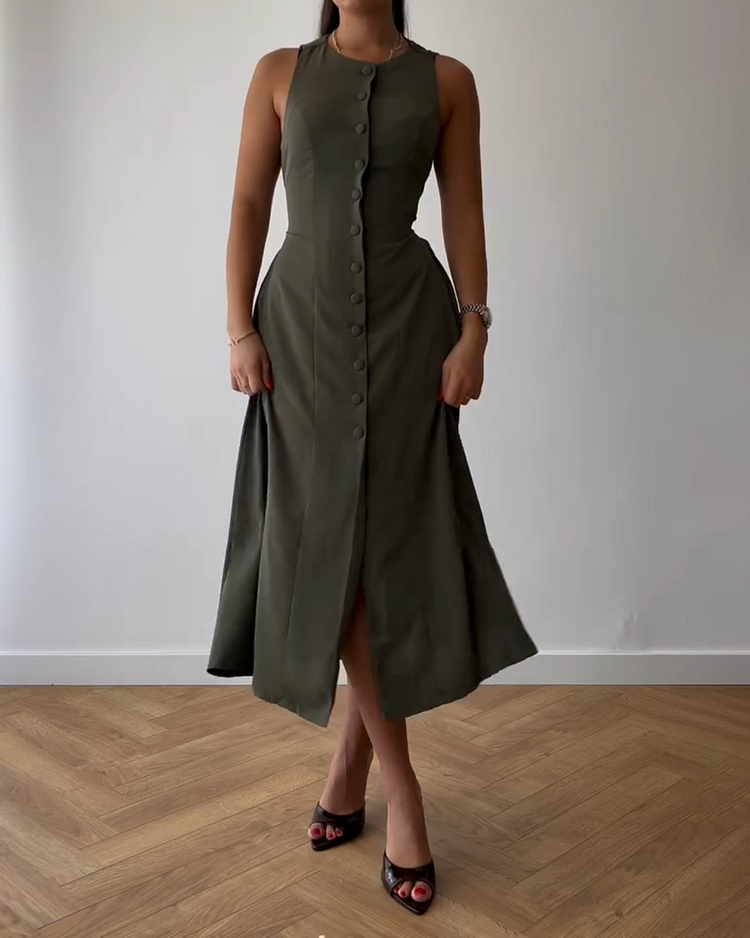 Round Neck Button Sleeveless Dress