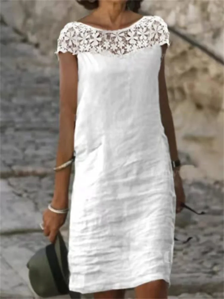 Solid Lace Trim Short Sleeve Casual Midi Dress