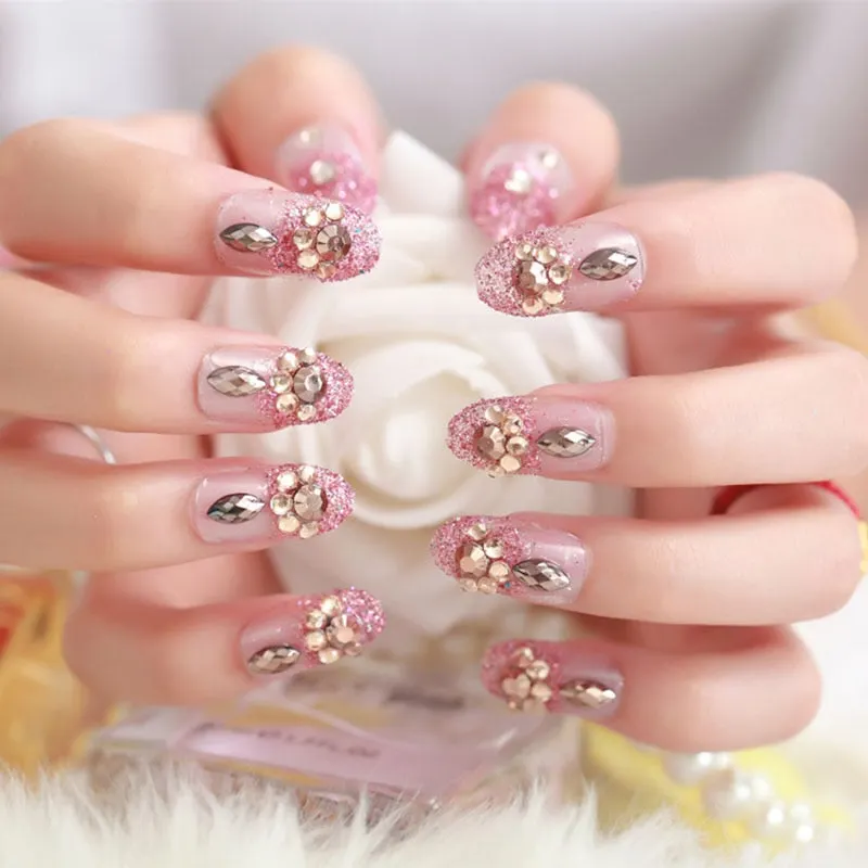 Free shipping items 24pcs fake nails Adhesive glue Nude crystal pearl decoration Carving Flowers finger Nail tips For Wedding-Nail Inspo