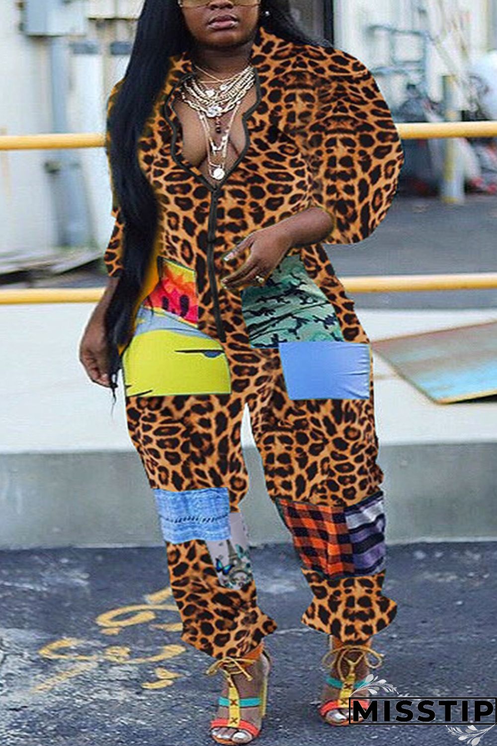 Leopard print Chemical fiber blend Sexy zipper Leopard Print Camouflage Zippered Zipper Plus Size